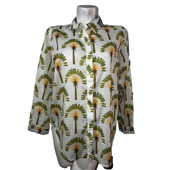 New Haute Hippie Top Women's Size M Green Orange Print Collared Button LS Shirt - Picture 1 of 6